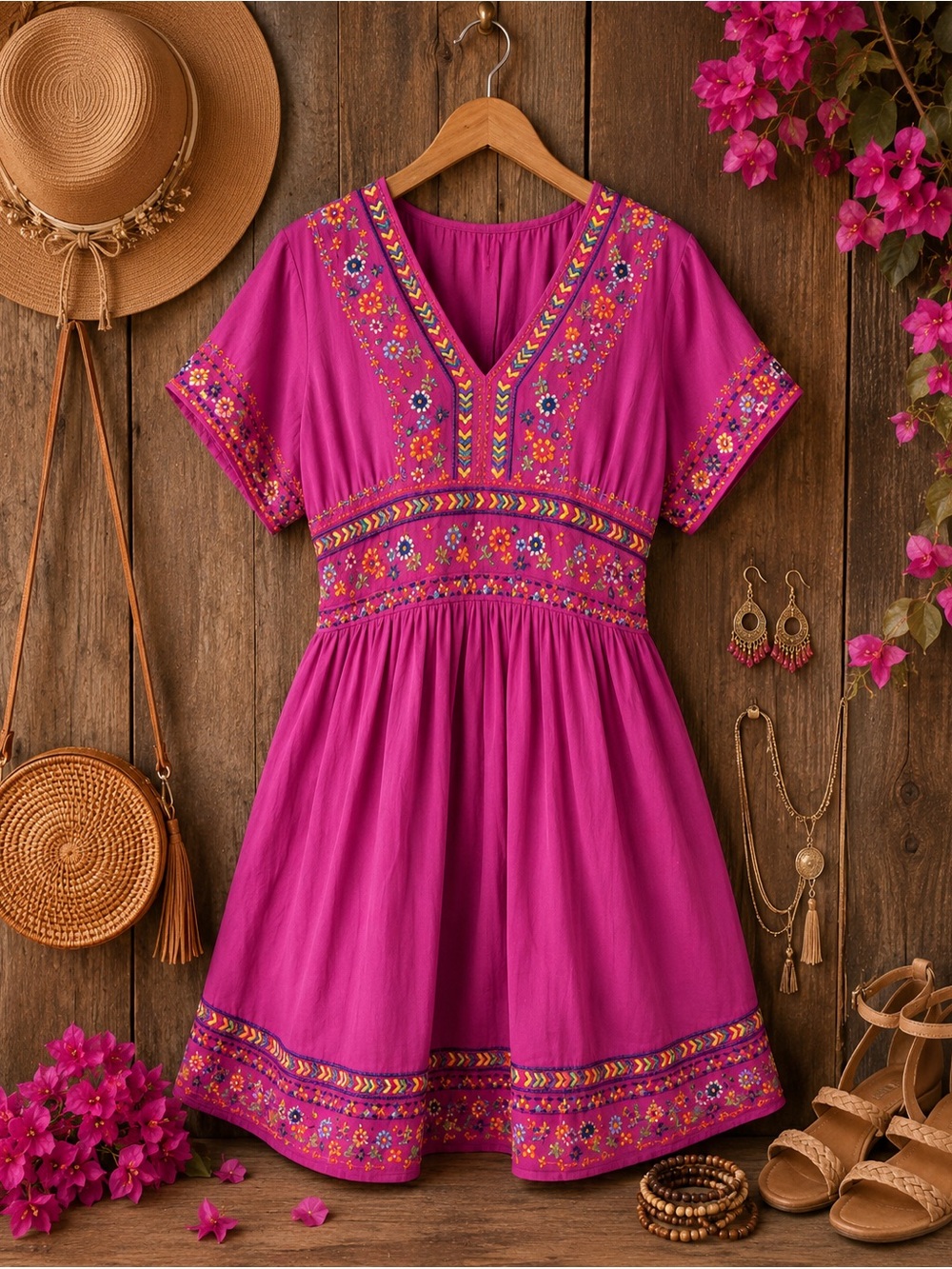 Savanna Jane Embroidered Boho Dress Medium | Fuchsia Pink Festival Style